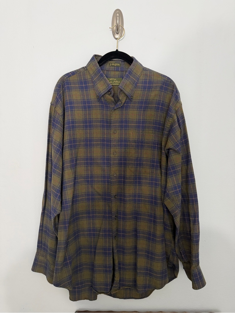 Orvis Olive & Navy Plaid Button-Down Flannel Shirt, Signature Collection, XL